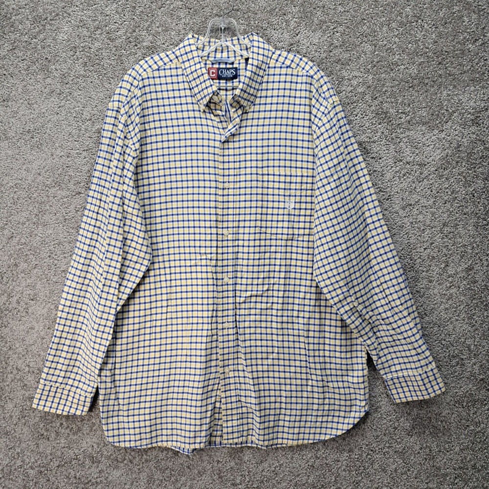 Chaps Mens XL Long Sleeve Button Down Shirt Blue‎ Yellow Gingham Check Cotton